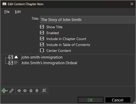 Screenshot of Content Chapter item showing Anchor and Text items screenshot of Content Chapter showing Anchor and Text items