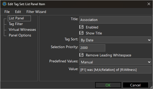 List Panel Tag Set for Association Events screenshot of List Panel Tag Set
