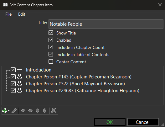 Screenshot of Content Chapter with three Chapter Person items screenshot of Content Chapter item showing a Text User Item and three Chapter Person items