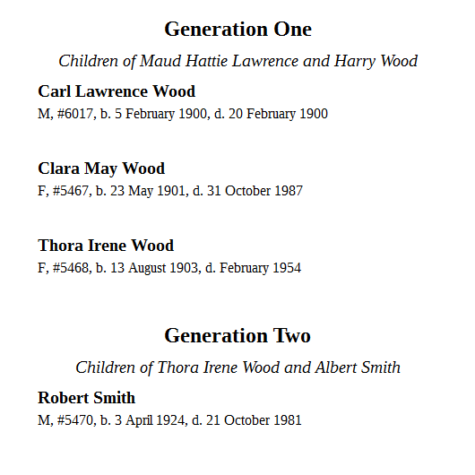 Screenshot of Chapter People - Descendants Output screenshot of Chapter People - Descendants output showing generation and family headings with abbreviated person entries