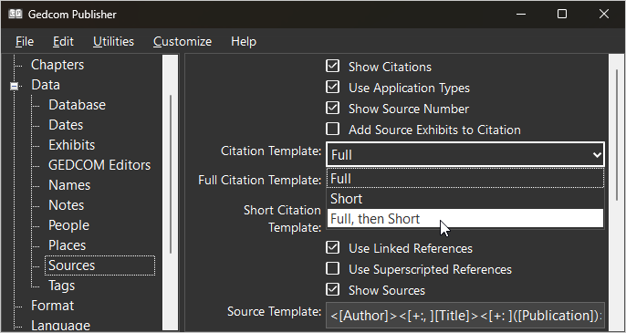 Screenshot of Source section showing the choices in the Citation Template property screenshot of Source Section showing the choices in the Citation Template property