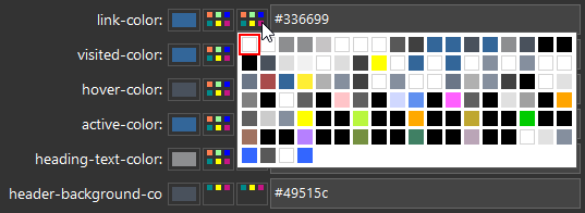 Theme Palette screenshot of color property after clicking the Theme Palette button showing its collection of colors