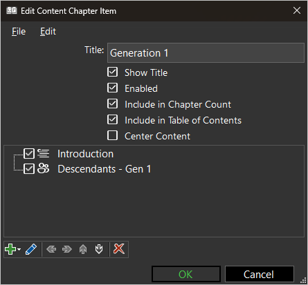 Screenshot of example Chapter Content Item window screenshot of Content Chapter with Heading item and Chapter People item