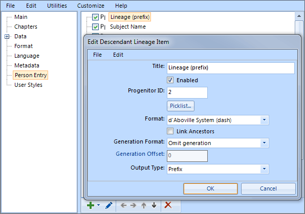 screenshot of Descendant Lineage item showing options set for use as prefix to subject name