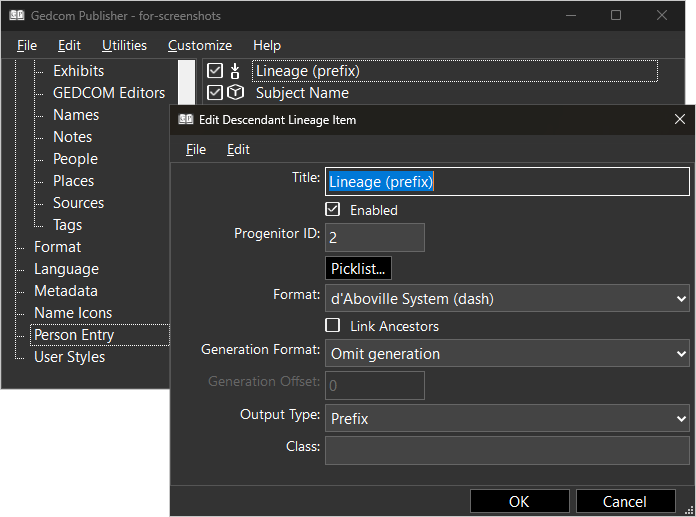 Screenshot of Descendant Lineage with Output Type set to Prefix screenshot of Descendant Lineage item showing options set for use as prefix to subject name