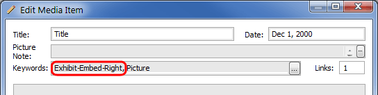 Screenshot of Family Historian's Edit Media Item Window Showing Exhibit Keyword screenshot of Edit Media Item window in Family Historian showing 'Exhibit-Embed-Right' keyword inside a red border