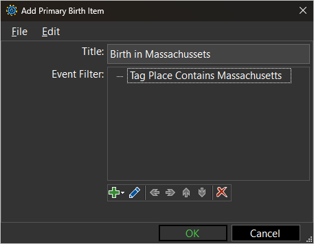 screenshot of Primary Birth term with example Event Filter property