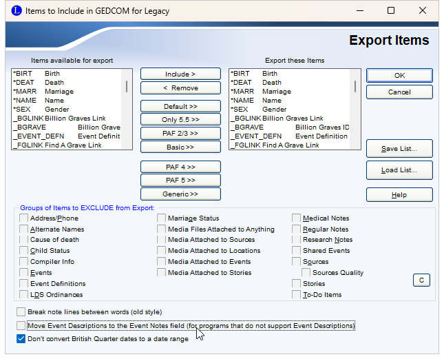 Screenshot of Customize dialog under Legacy's GEDCOM Export window screenshot of Customize dialog under Legacy's GEDCOM Export