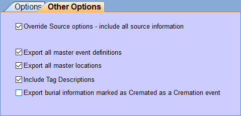 Screenshot of Other Options tab in Legacy's GEDCOM Export window screenshot of Other Options tab in Legacy's GEDCOM Export window showing recommended property settings