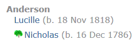 Screenshot of name index entry where one name has a Name Icon screenshot of name index entries where on name has a green tree icon
