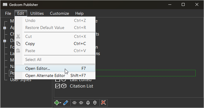 Screenshot of Open Editor command for Person Entry Item screenshot showing Open Editor command for Person Entry item