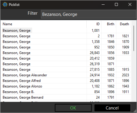 Screenshot of Picklist screenshot of picklist window showing textbox for entering name and filtered list of names