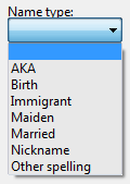 screenshot of RootsMagic Name type pull-down menu