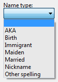 Name Types in RootsMagic screenshot of RootsMagic Name type pull-down menu
