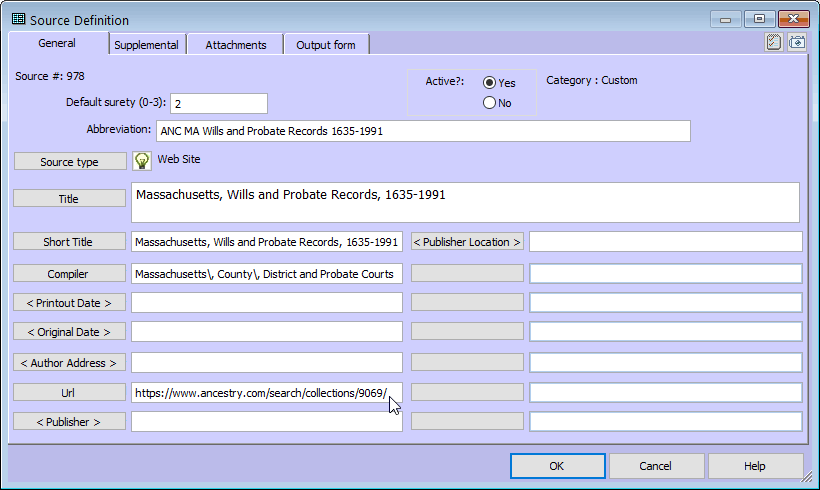 Screenshot of TMG source record with Ancestry.com URL screenshot of TMG source with Ancestry.com URL