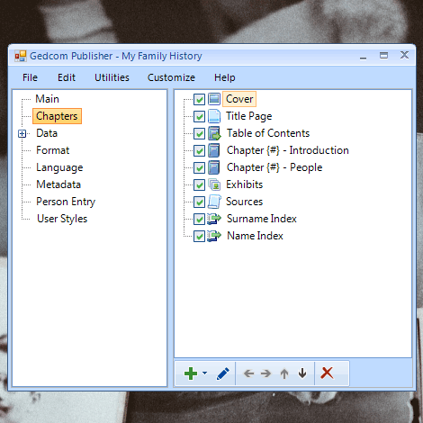 screenshot of Chapters section of Gedcom Publisher application